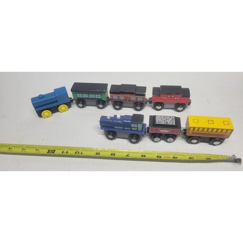 7pc Wooden Magnetic Train Car Set Blue Engine 306 Red Tender 8 Railway‎ Toys